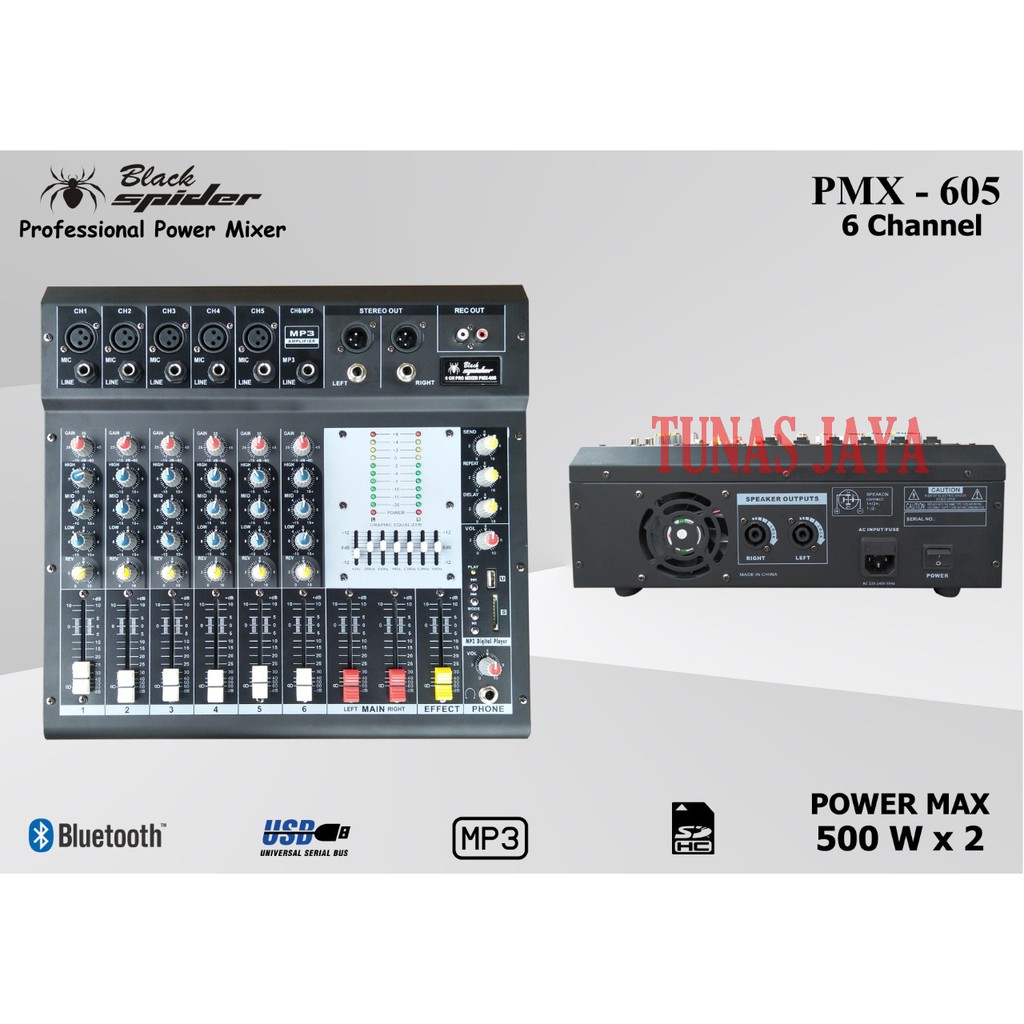 Power Mixer Black Spider PMX 605 MP3 6 Channnel