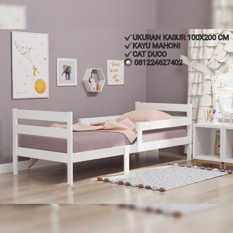 Tempat Tidur Anak Pagar Pengaman, Kasur Anak Single, Ranjang Anak Minimalis Kayu Mahoni Cat Duco Put