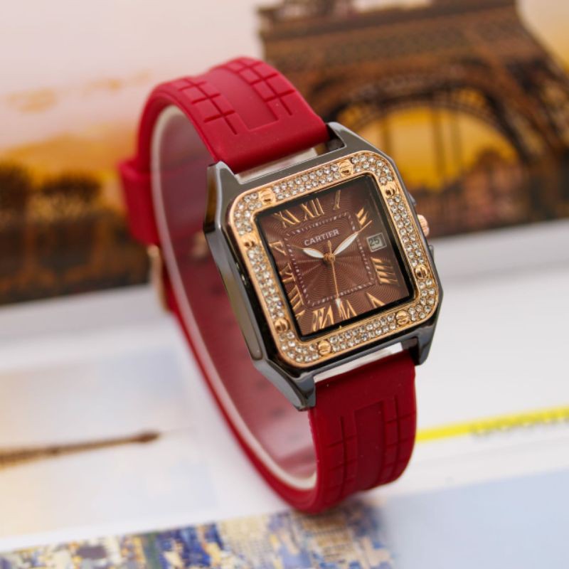 jam tangan wanita Cartier diamond rubber digital tgl aktif  DM3.5cm