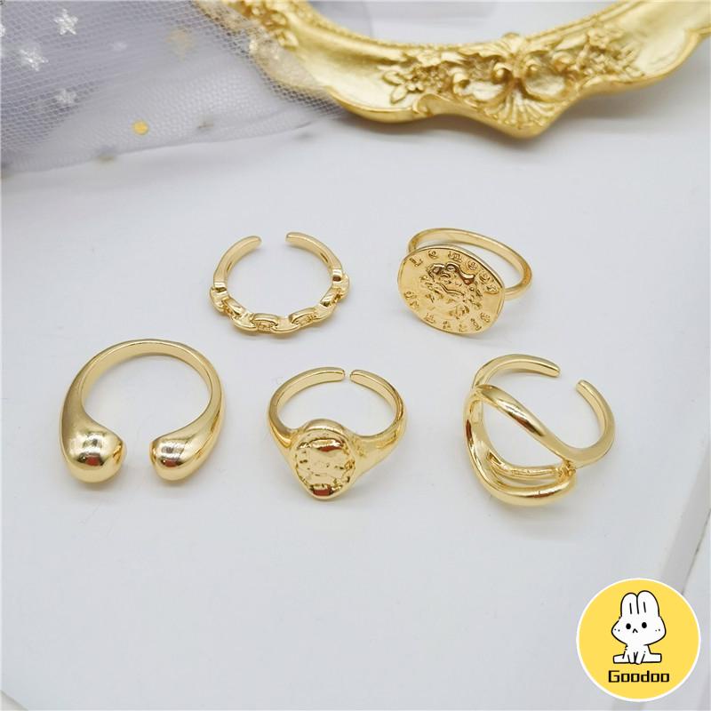 5 Pcs/1Set Cincin Emas punk Aneka Bentuk Gaya Retro Korea Untuk Wanita -Doo