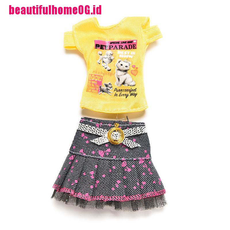 2pcs / set Kaos T-Shirt Lengan Pendek + Rok Mini Untuk Boneka Barbie