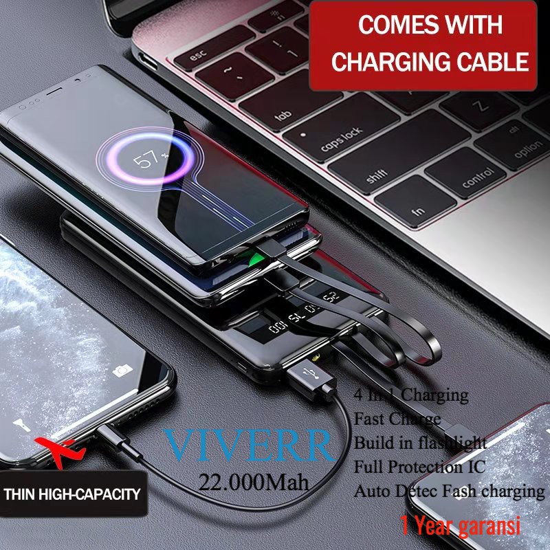 Powerbank Viverr Slim 22.000 Mah LED With 3 Cable Charger Output Resmi 1 Tahun Small Power Bank Dual