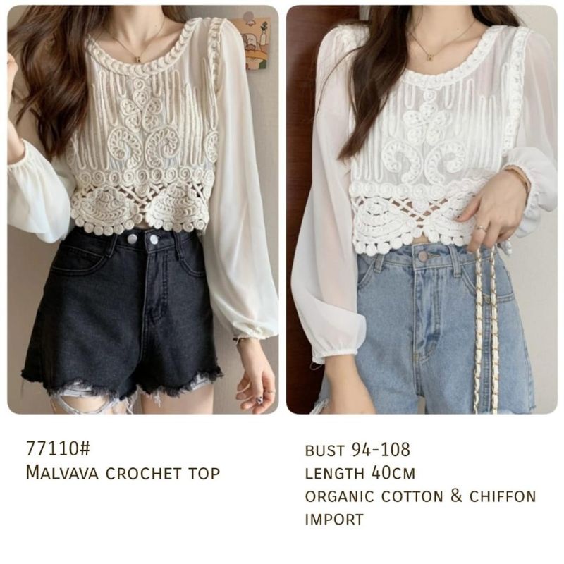 MDLV ~ 77110 MALVAVA CROCHET TOP KOREA IMPORT ATASAN CROP LENGAN PANJANG BRUKAT FASHION IMPORT