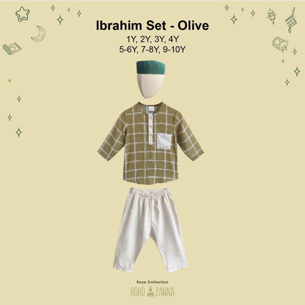 BOHOPANNA - RAYA COLLECTION - IBRAHIM SET - Baju Muslim Anak - Baju Muslim Anak Laki-Laki - Setelan Muslim - Setelan Anak Laki-Laki - Baju Lebaran Anak Laki-Laki-OLIVE
