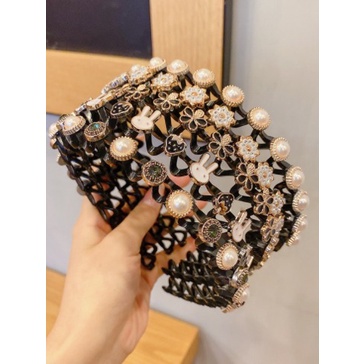 Bando Korea Aksesoris Fashion Wanita / Bandana Black Retro Flower J141