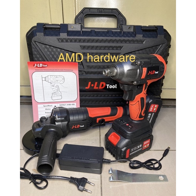 PAKET BUNDLE JLD CORDLESS GERINDA + IMPACT WRENCH SOCK BATERAI 88V HUJIA PRO2221+2521 MESIN GRINDA+B