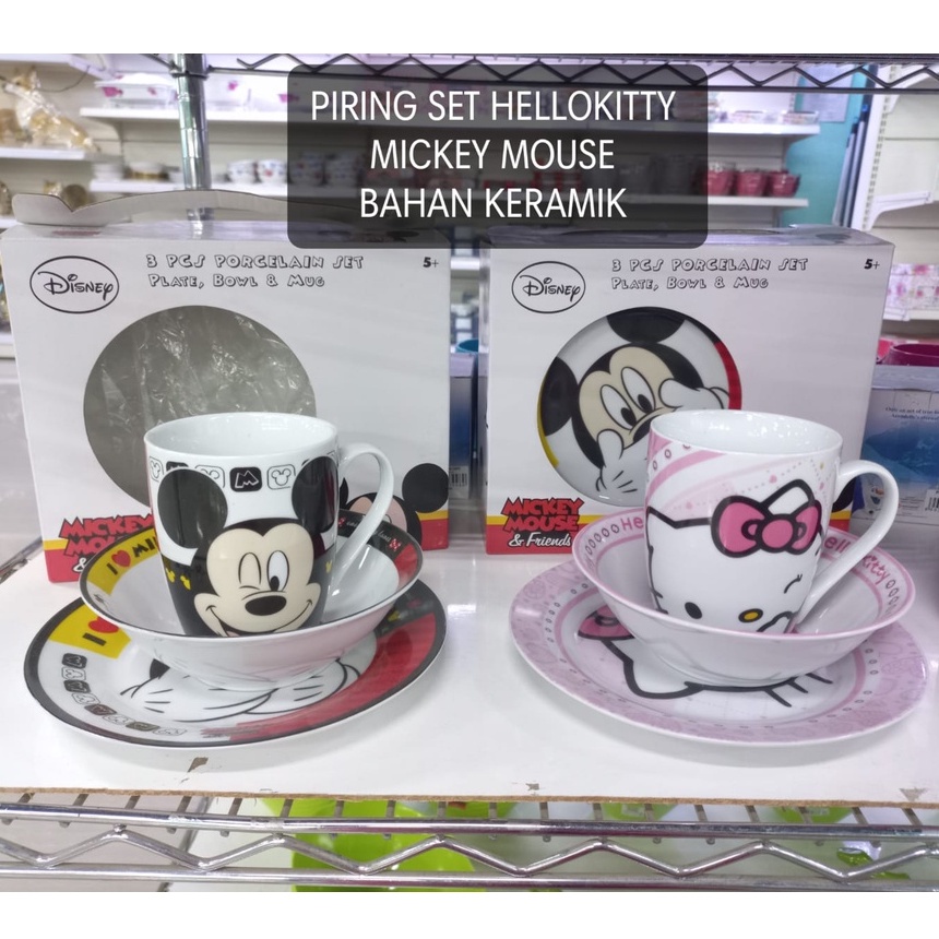 SET PIRING MAKAN + MANGKOK + GELAS BAHAN KERAMIK KARAKTER HELLO KITTY / MICKY MOUSE