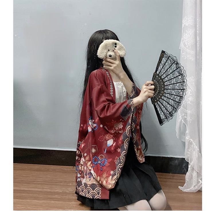 Anime Street Cardigan Jepang Harajuku Kimono Longgar Warna Pria Hitam Hijau Merah Pakaian 2023