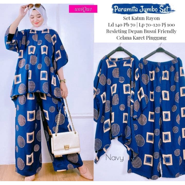 Paramitha Set Jumbo - One Set Jumbo Katun Rayon Tidie Premium Busui Setelan Wanita Waka Waka Set Celana Panjang Bigsize LD 140 cm