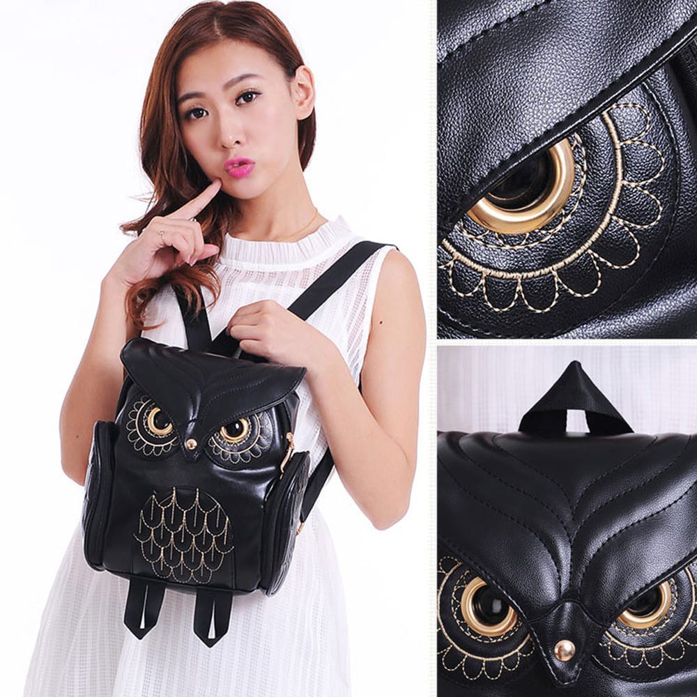 TAS RANSEL OWLIE TA067B5 BACKPACK WANITA KULIT IMPORT BURUNG HANTU KULIAH SEKOLAH KERJA KOREA HITAM