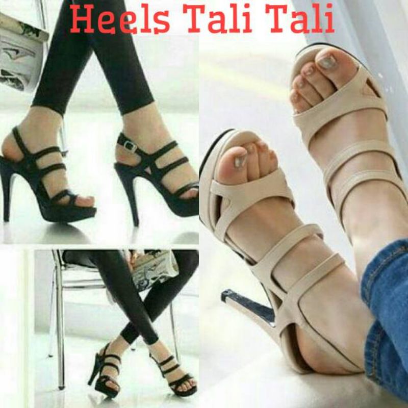 high heels cream hitam gesper / sepatu high heels wanita murah
