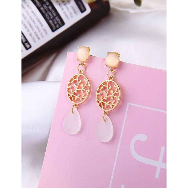 LRC Anting Tusuk Fashion Gold Opal Alloy Hollowed Leaf Stud Earrings D03266