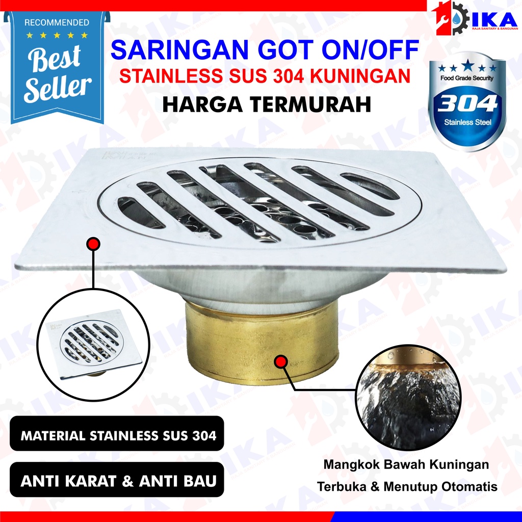 IKA-Official Floor Drain Sargot Kuningan Stainless - 4 Inch Model On Off ( OTOMATIS BUKA TUTUP) SARINGAN GOT ANTI BAUT KECOA