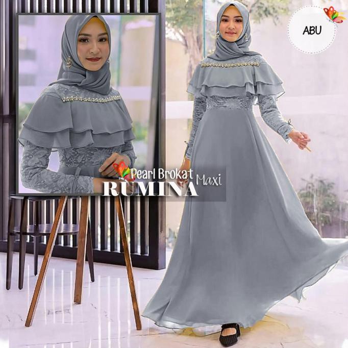 ( BISA COD ) GAMIS PESTA TERBARU BAJU MUSLIM WANITA RUMINA DRESS BROKAT - Abu-abu TERJAMIN [Kode