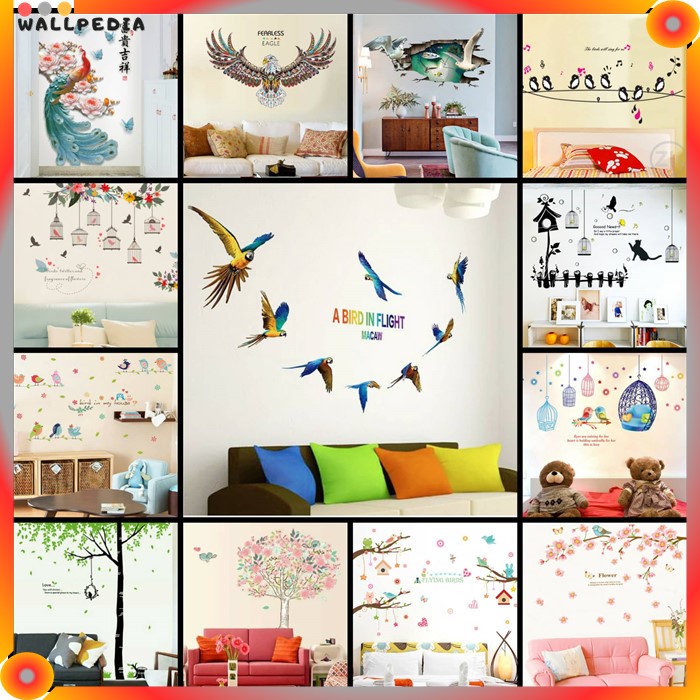 WALLPEDIA Wall Sticker Bird Tree Stiker Dinding Burung Panda Pohon Ranting Sangkar Stiker Kamar Anak