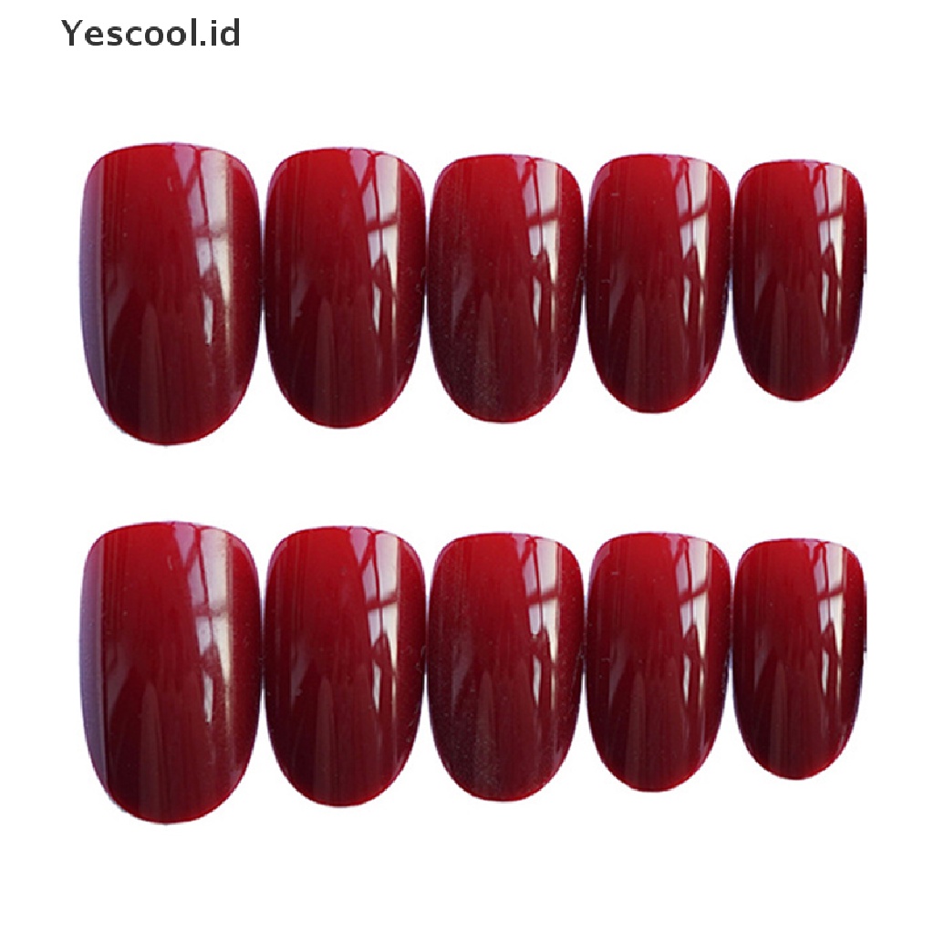 24pcs Kuku Palsu Kepala Bulat Warna Merah Wine Dengan Lem Untuk Manicure