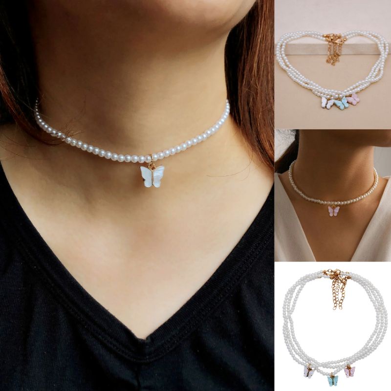 PROMO 9.9 Kalung Manik Choker Wanita Korean Style Bandul Liontin Kupu