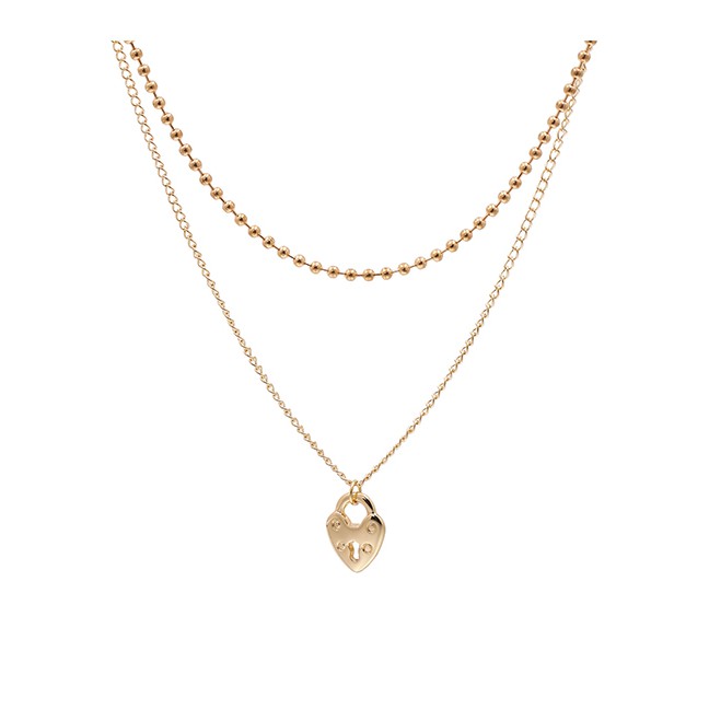 LRC Kalung Fashion Golden Alloy Heart-shaped Round Bead Hollow Multi-layer Necklace K43573