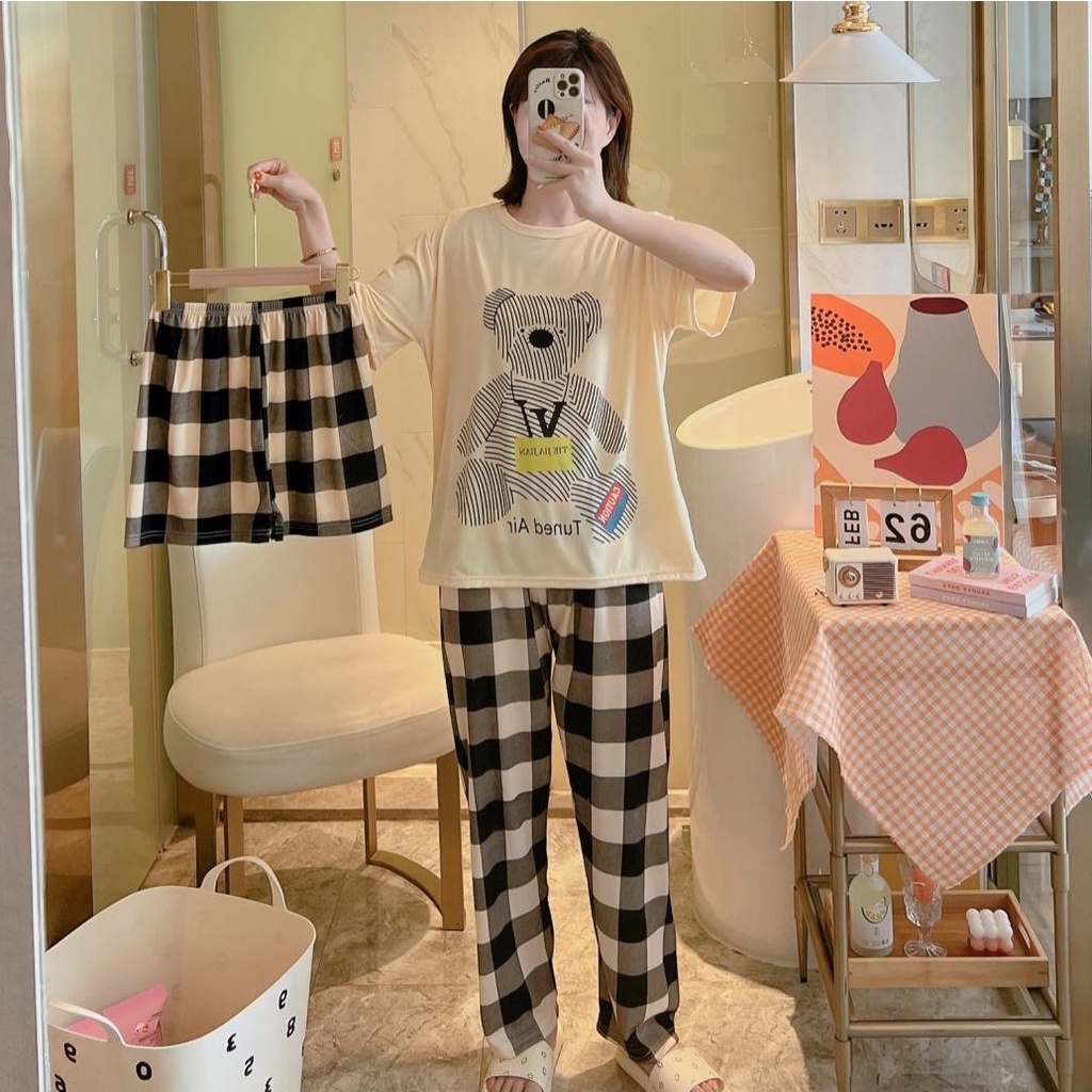 AJW Shop Piyama 3in1 | Piyama Import Dewasa | Setelan Wanita Kekinian | Baju Tidur Wanita Dewasa-Bear Cream