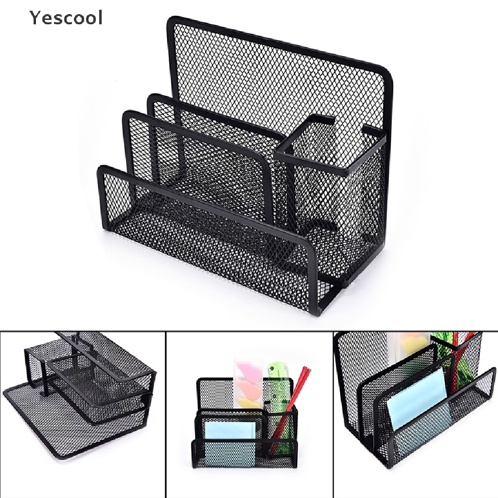 Yescool 1pc Rak Mesh Hitam Organizer Holder Kertas File Surat Untuk Meja Kantor