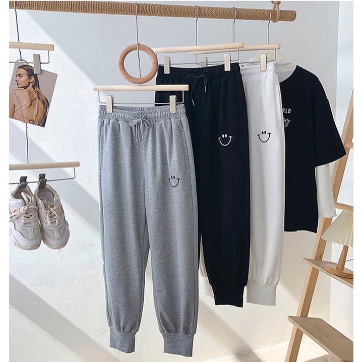 Celana Jogger Wanita Smile Pants Clana Olahraga Bahan Fleece Santai Latihan Cewek Remaja Panjang