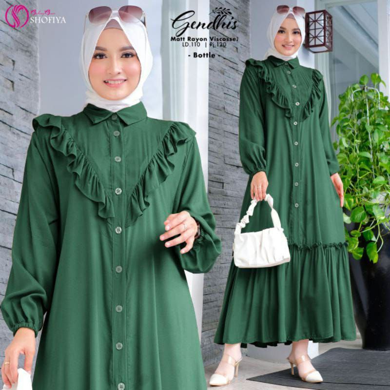 Gamis Terbaru Gendhis Shofiya Rayon Premium Dress Wanita Kerah Peterpan Longdress Rempel Full Kancing LD 115 cm