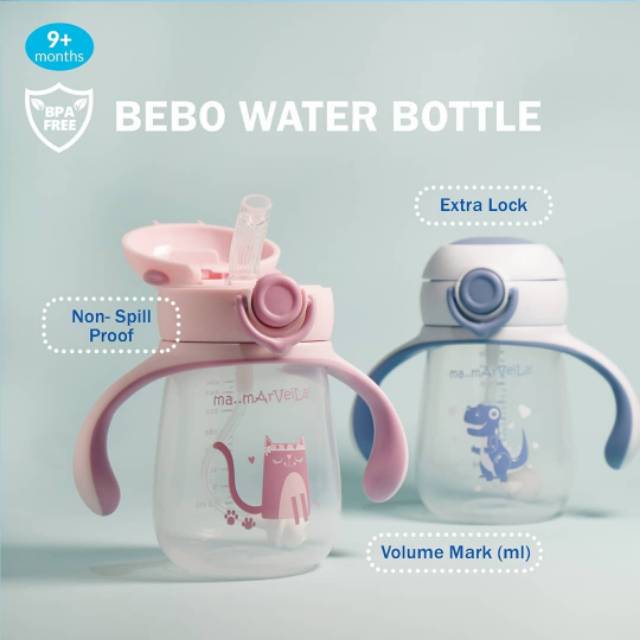 MARVEILA BEBO WATER BOTTLE WITH EXTRA STRIP &amp; GRAVITY BALL 260ML - BOTOL MINUM ANAK