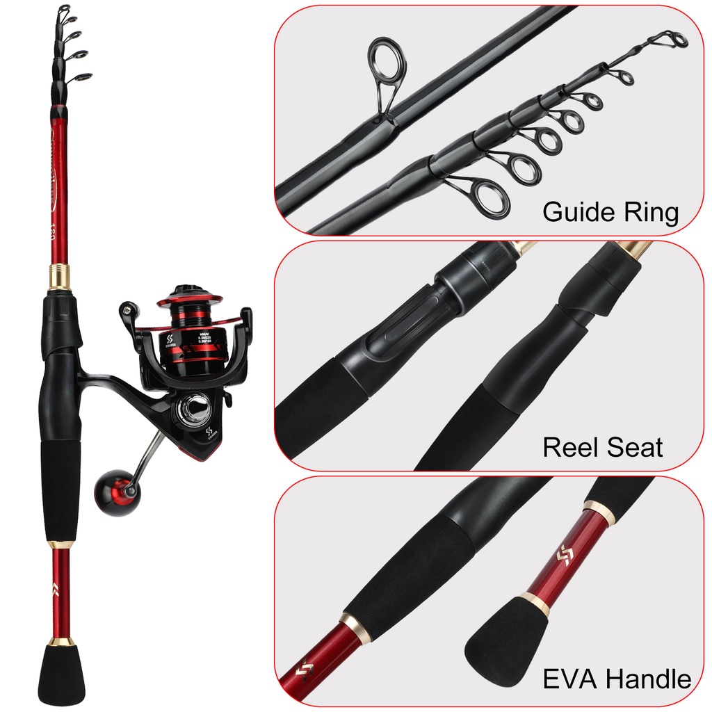 Sougayialng Joran Pancing Set 1.8M-2.1M  Merah Warna Joran Pancing Teleskopik Dengan Bahan Serat Karbon Fishing Rod Gulungan Memancing Dengan 5.0:1GR 13BB Dan Umpan Pancing Senar Pancing Free  KOMPLIT Untuk Pemula dan Anak-anak