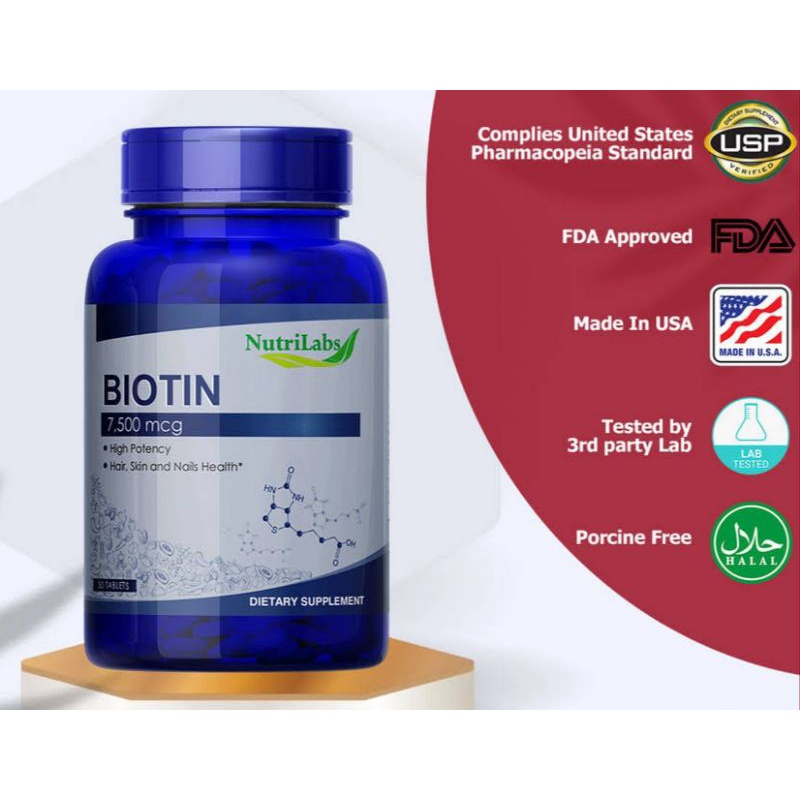 Nutrisi Rambut Rontok Biotin Nutrilabs Halal Vitamin B7 H 7500 mcg tablet ecer USA Kesehatan Kuku Ku