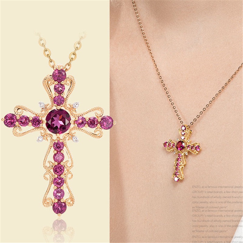 [Ready Stock]Fashion Inlaid Garnet Cross Pendant Personalized Necklace