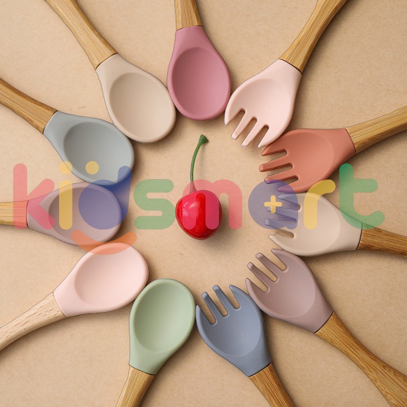 KIDSMART Wooden Spoon Silicon Baby / Sendok &amp; Garpu Kayu Silikon Untuk Makan Bayi