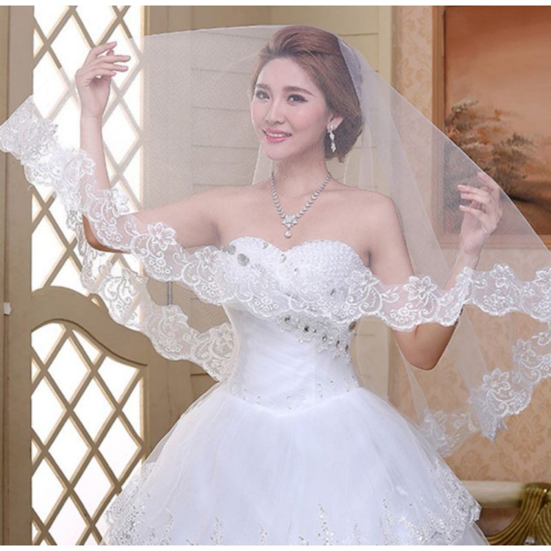 SLAYER/kerudung pengantin 1layer white elbow tulle lace edge wedding bridal...1.5m-3