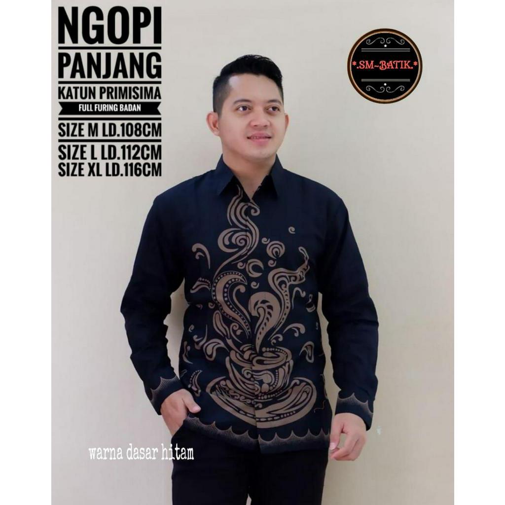 Kemeja Batik Panjang Warna Hitam Batik Panjang Motif Kopi Batik Lapis Furing Terbaru NGOPI