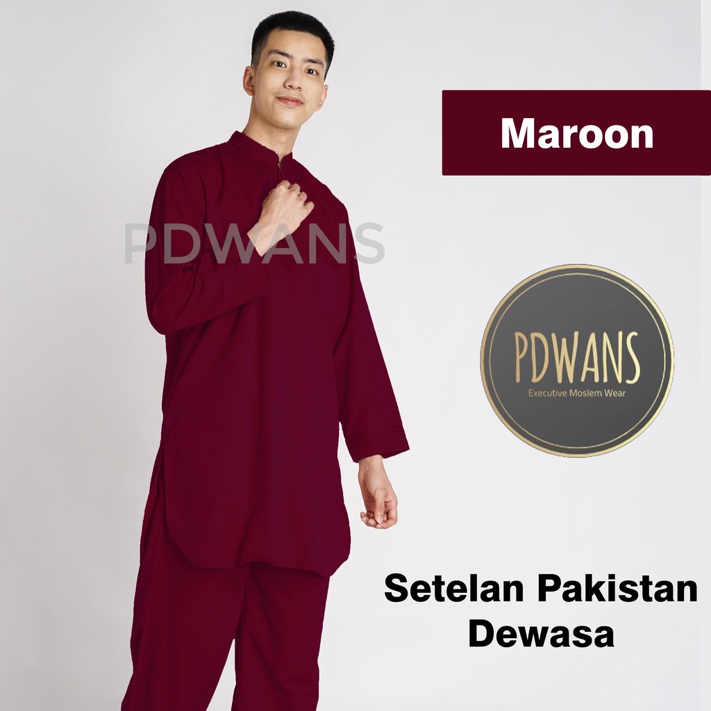 SETELAN PAKISTAN DEWASA Seri WARNA Baju Koko Bordir Muslim BAJU UMROH Pria - PDWANS PAKISTAN-WRN-MAROON