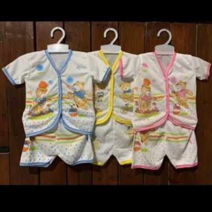 Baju Bayi SATUAN, Setelan POLA Panjang, Pendek, Kutung. Kancing Depan Motif Sablon Warna