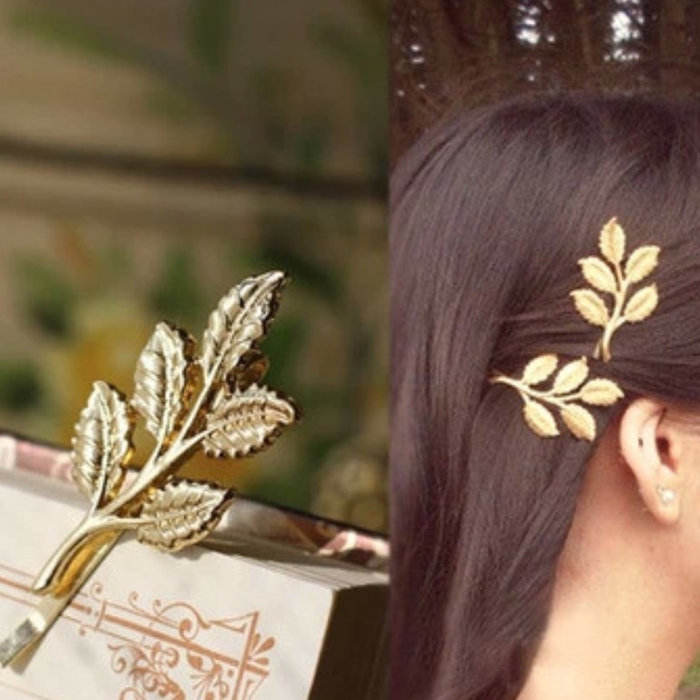 ✿AYN✿ Jepit Rambut FA61 Model Daun Warna Gold Gaya Korea Retro untuk Wanita