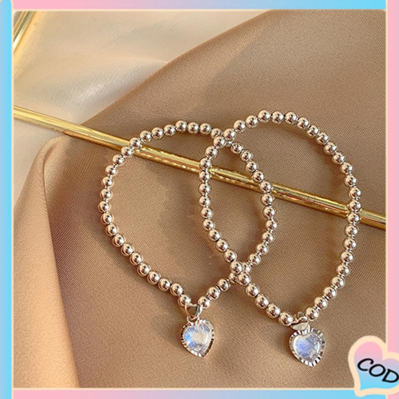 COD❤️ Wanita Moonstone Cinta Liontin Manik-manik Kalung Gelang Kecil Gaya Sederhana-A.one