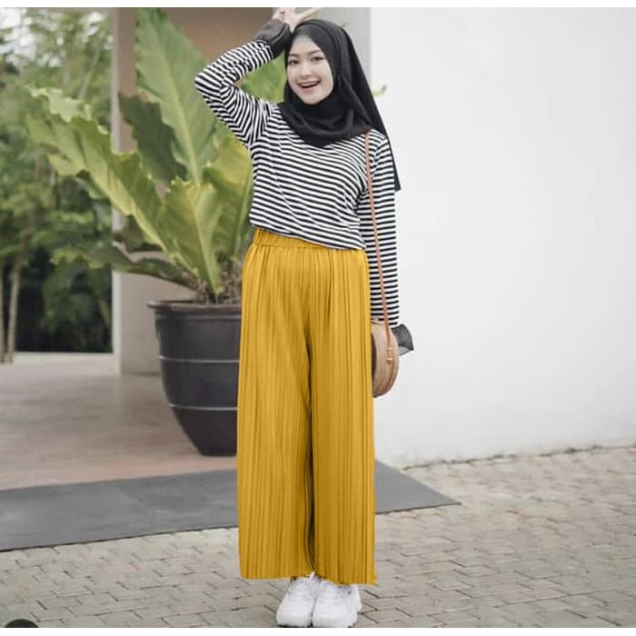 (COD) Celana Kulot Plisket Ukuran Jumbo Mayung-MUSTARD