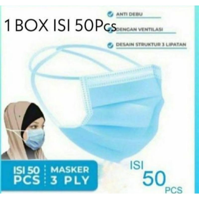 Masker Hijab 3ply 1 box isi 50pcs Warna Biru