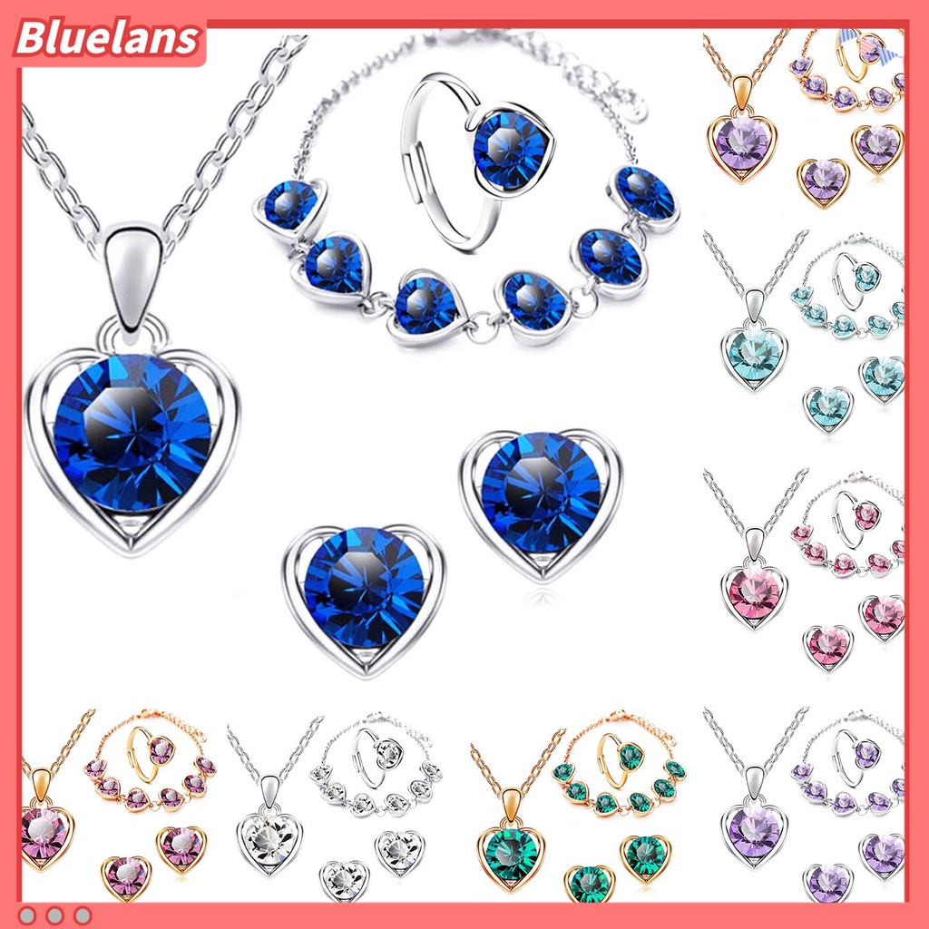 4pcs / Set Kalung Anting Gelang Cincin Liontin Hati Aksen Berlian Imitasi Adjustable Untuk Wanita