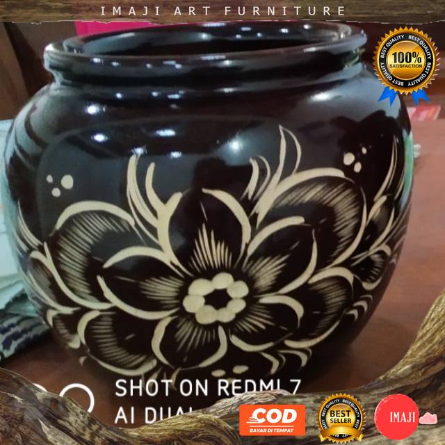 [ COD ] Vas bunga model gentong kuali ukir cantik dekorasi hiasan pajangan rumah furniture kayu jati