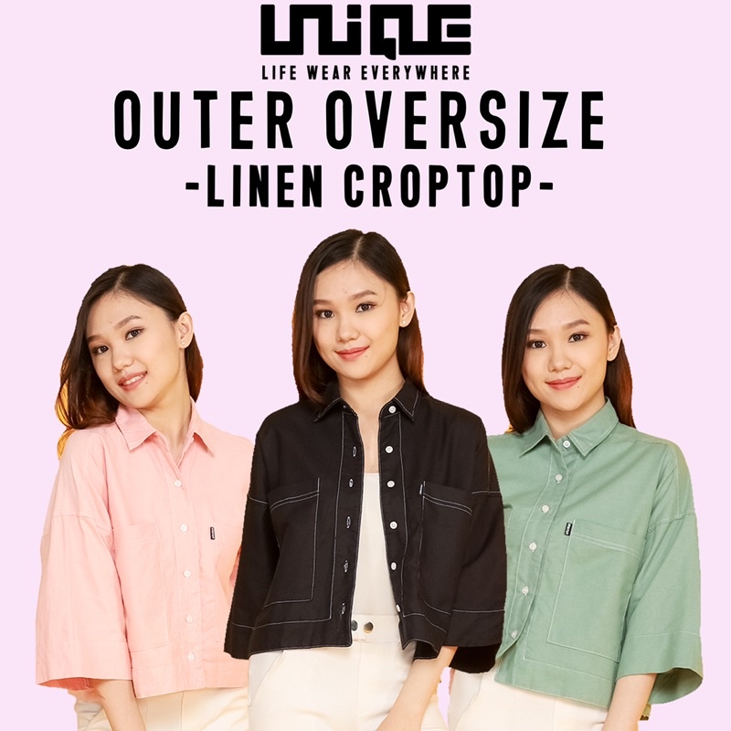 OUTER OVERSIZE CROP TOP KEMEJA LINEN WANITA SHIRT KOREA BIG SIZE CROPTOP