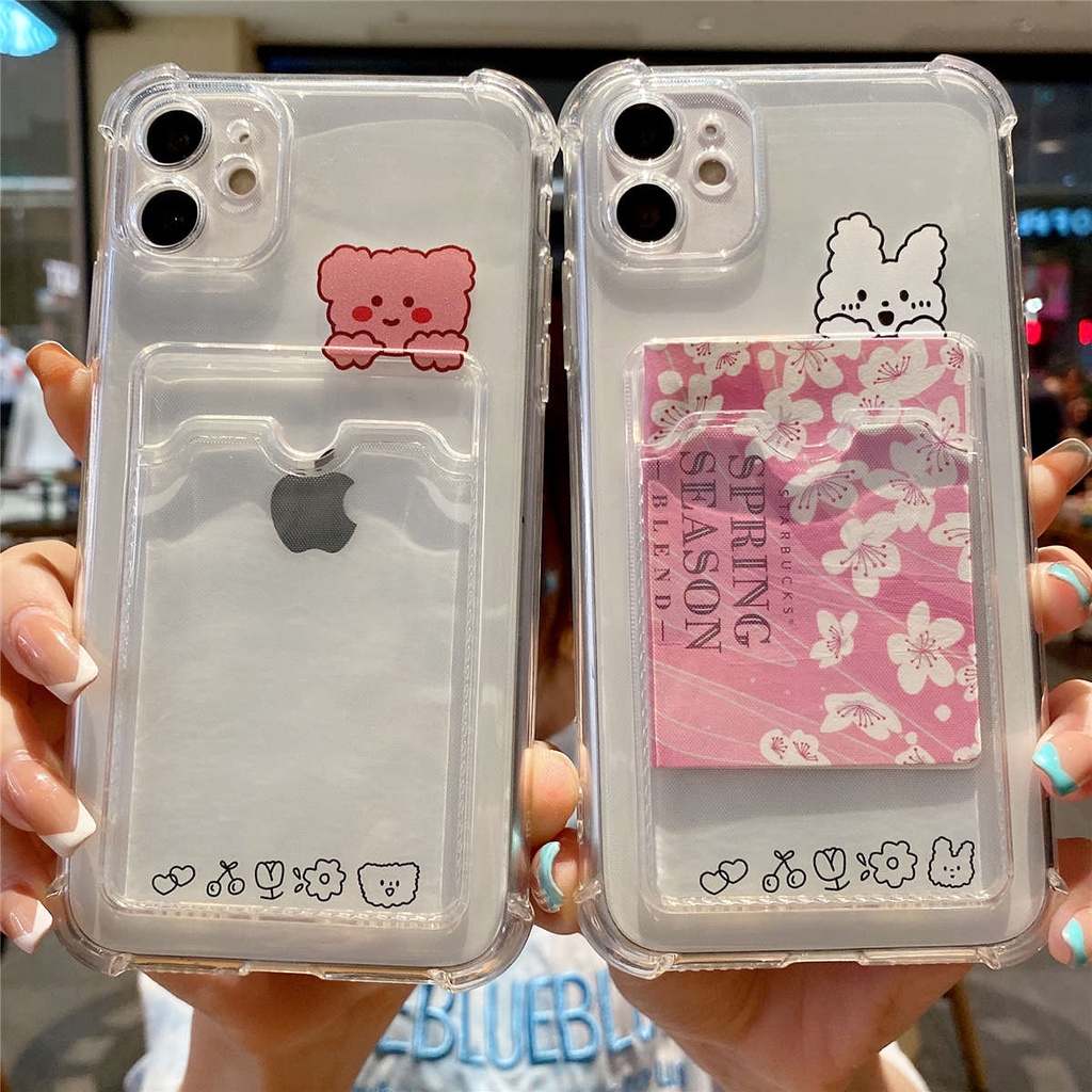 【Card Slot】Soft Iphone Case Cute Rabbit Bear With Card Holder for Iphone 12 12 Pro Max 7plus 11 11 Pro Max XS XS MAX XR 8plus 7 8 Soft Casing Iphone