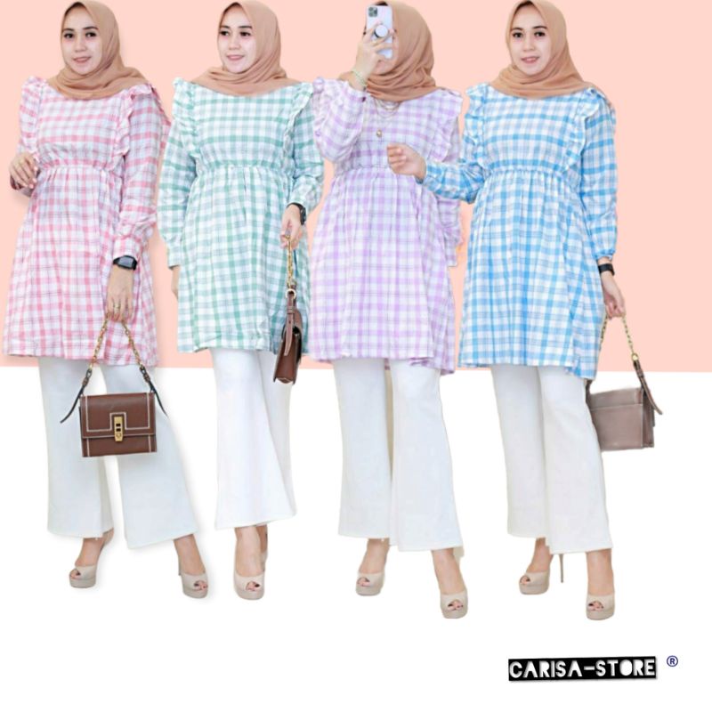 sera set motif kotak/grid - setelan tunik katun dan celana scuba recomended