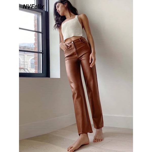 Celana kulit wanita lurus Leather Pants straight Rise's