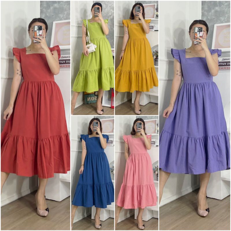 ⚡️ SALE ⚡️ PREMIUM ♡ ORIGINAL ! ALLECIA STABILO VINTAGE PLAIN RUFFLE LESS SLEEVE TRAP  MIDI LAYER DRESS