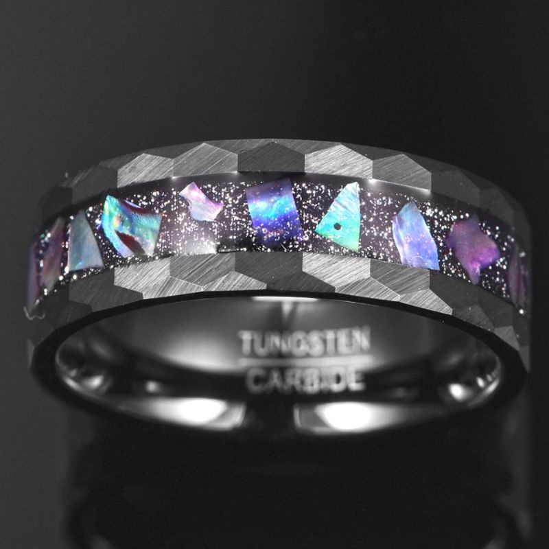 Cincin Tungsten Carbide Original Starry Sky Bottom Abalone Shell Edge Hammered Lasa Premium High Quality