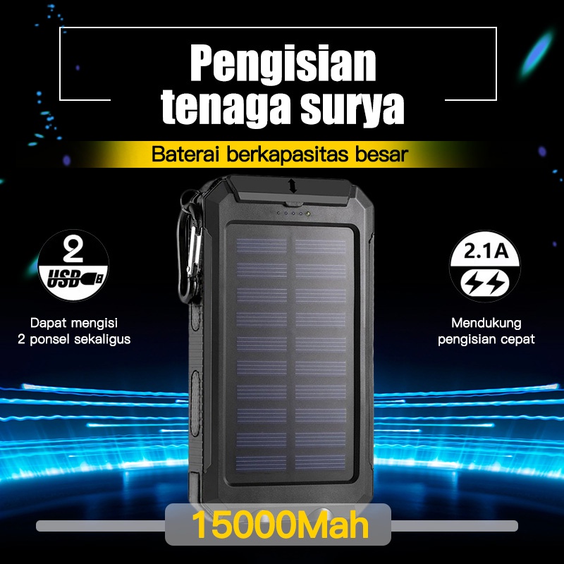 Powerbank Solar Cell Tenaga Matahari Power Bank Kompas 15000 mAh LED Travelling Anti Air