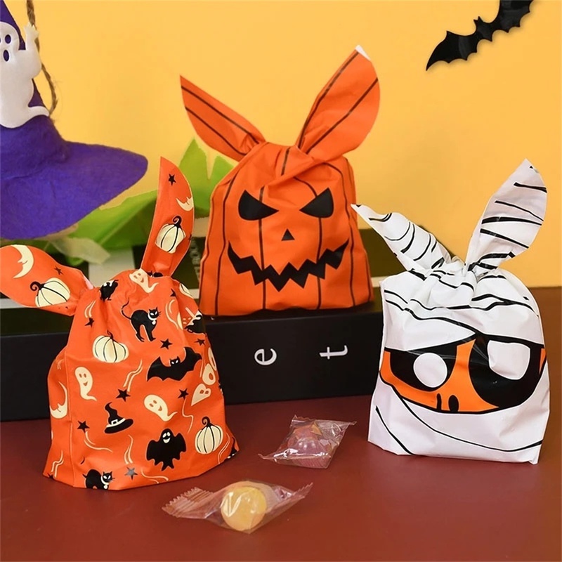 50pcs Tas Permen / Snack / Biskuit Desain Telinga Kelinci / Labu / Iblis DIY Untuk Dekorasi Pesta Halloween