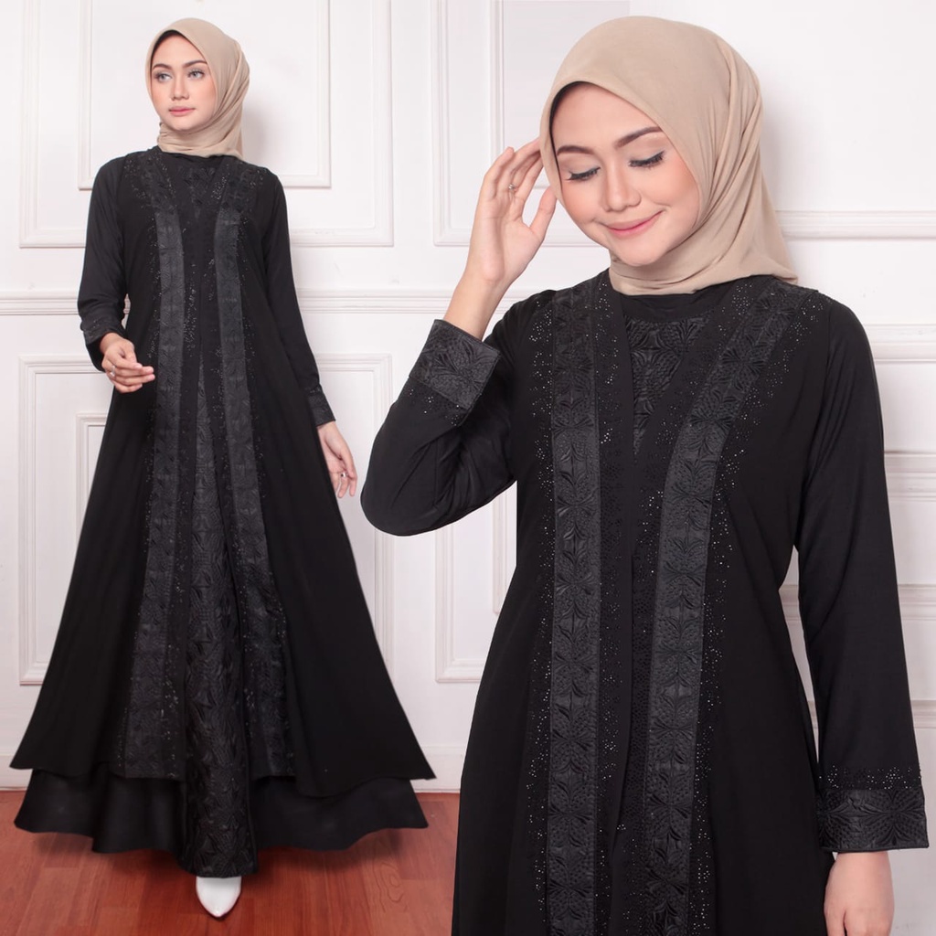 Gamis Syari Abaya Bordir Warna Hitam Polos Jumbo Putih Mewah - Set Turki Wanita Terbaru